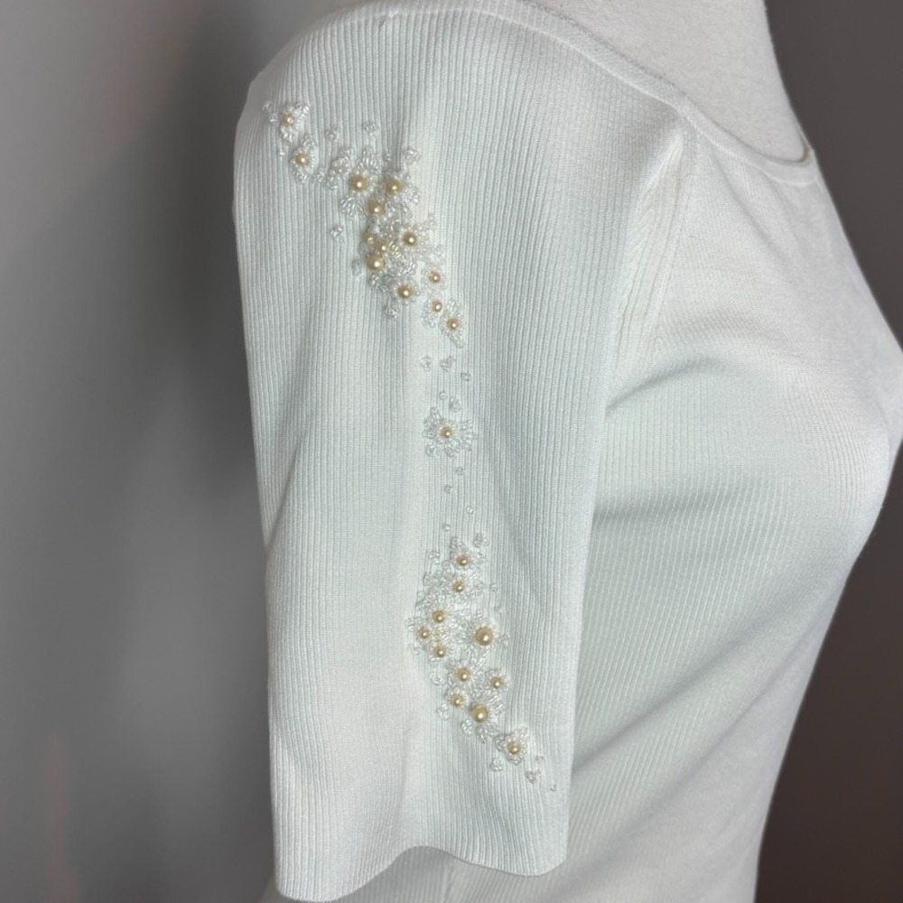Zara Beaded Stretch Knit White Boat Neck Shirt Womens MED Fairy Coquette‎ Y2K